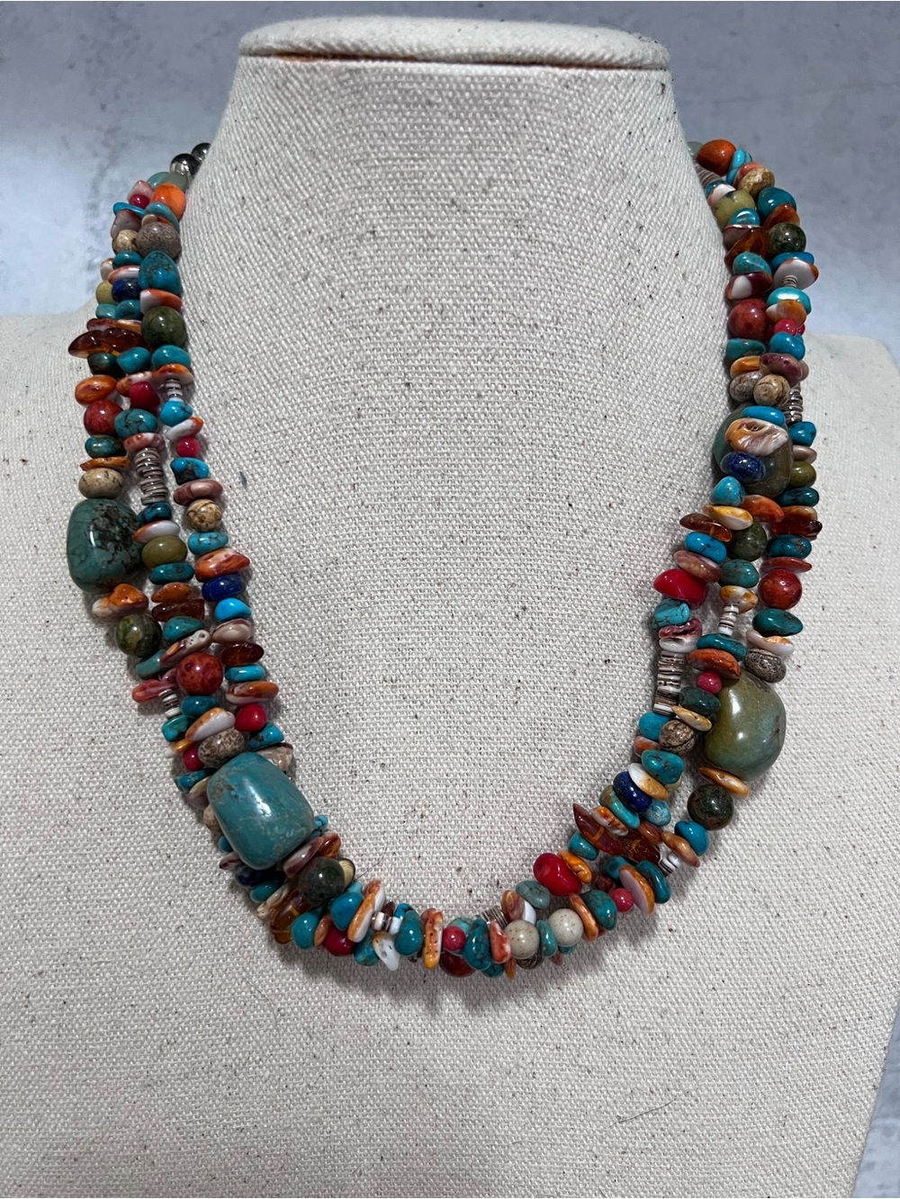 Sterling Silver 3 Strand Multi Stone Bead Necklace
